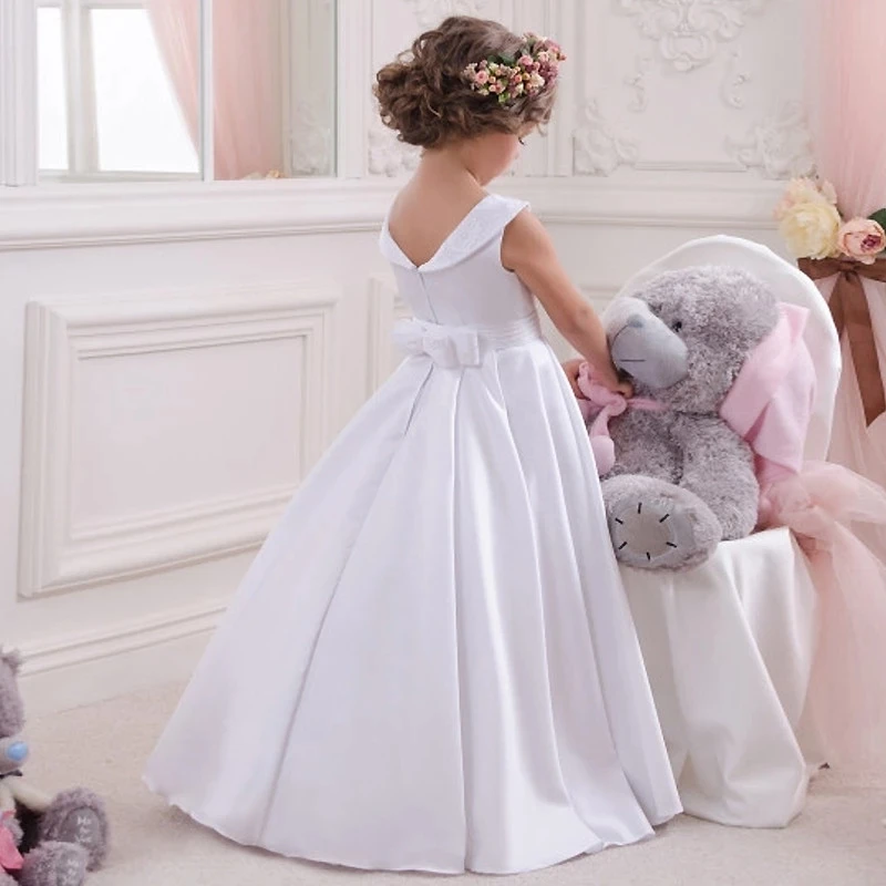 

Hot Flower Girl Dress White A-Line Bow Sash Sleeveless Solid O-Neck Girls First Communion Dress Hot Sale Vestido De Comunion