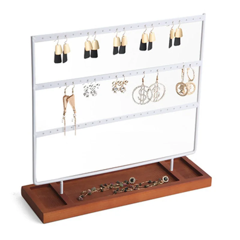 Earrings Organizer Jewelry Display Stand, 3-Tier Earring Holder Rack with Wooden Tray for Earrings Necklaces Bracelets Storage