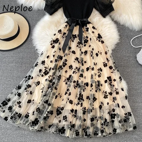 Neploe вязаное мини-платье с галстуком-бабочкой и круглым вырезом для женщин, сетчатое марлевое пышное платье, элегантное темпераментное платье, Vestido Feminino