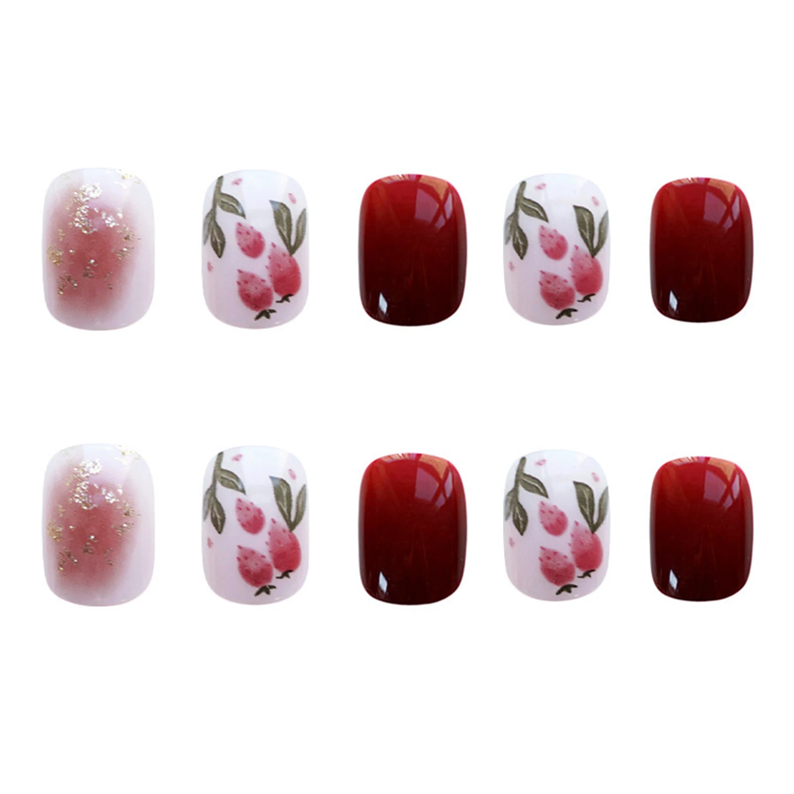 Набор накладных ногтей Sweet Fake Nail Patch Short Round Head Nails Red Plum Print Art Finished Jelly Gel Type 24PCS SAL99.