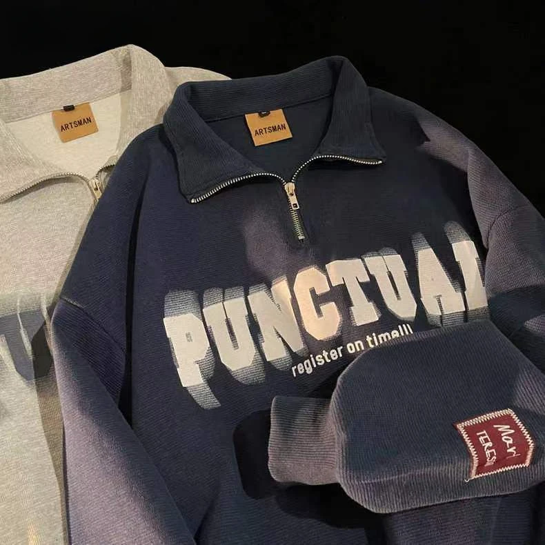 

Korean retro college style polo sweatshirt for men spring and autumn loose American couple wear long-sleeved top lapel jacket