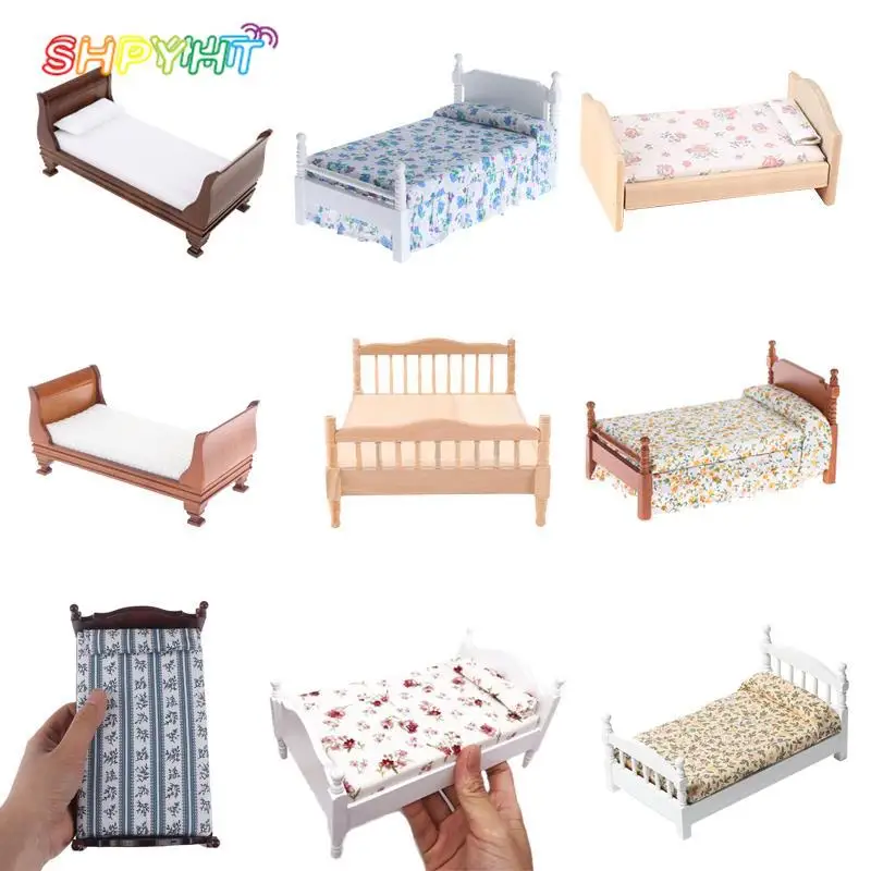1:12 мини деревянная односпальная кровать с цветочным матрасом подушка для