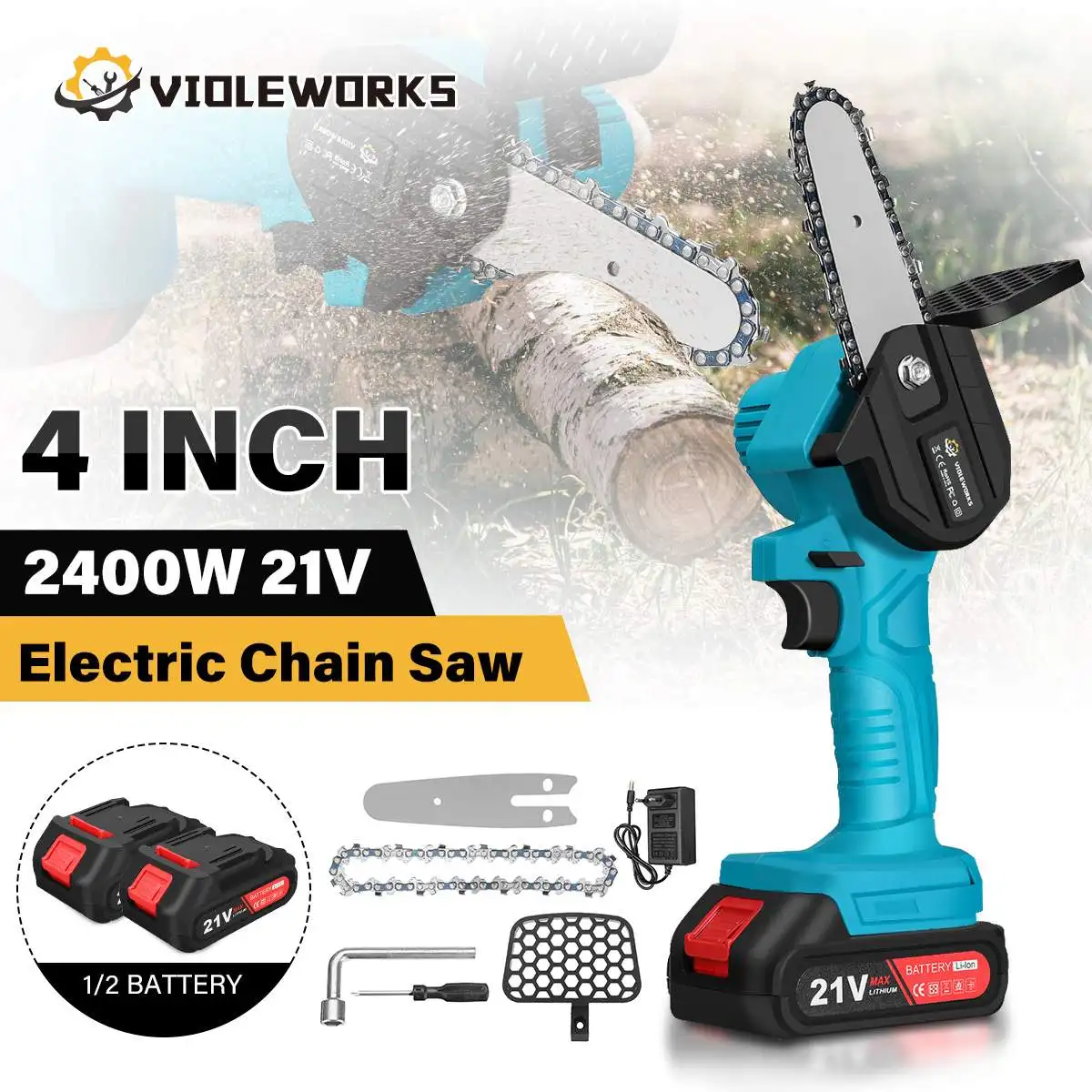 Мини-пила цепная беспроводная, 4 дюйма, 21 в, литий-ионный аккумулятор для садовых деревьев, 18 в