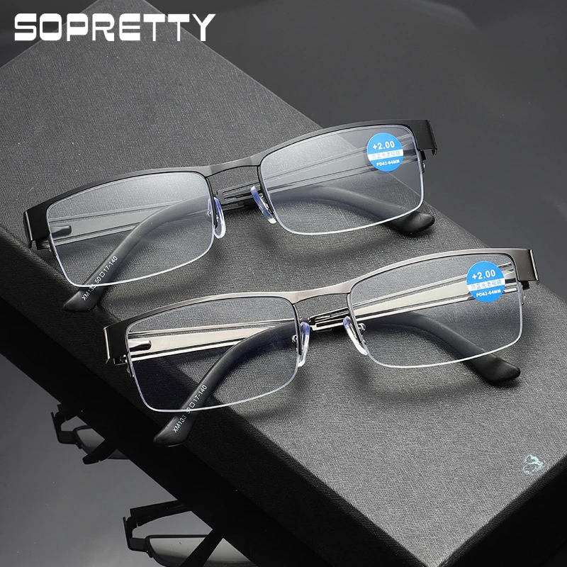

Men's Titanium Alloy Anti Blue Light Reading Glasses, Male Half Frame Metal Blue Ray Blocking Presbyopia Eyeglasses R133