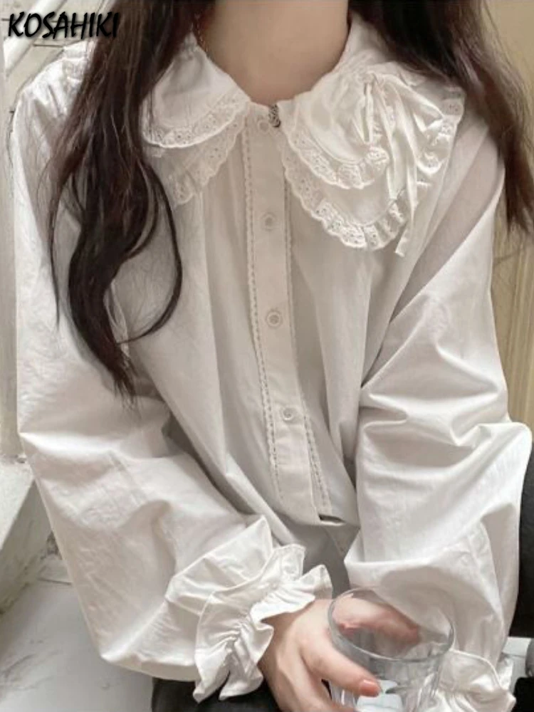 Белая женская блузка в стиле преппи с воротником Питер Пэн