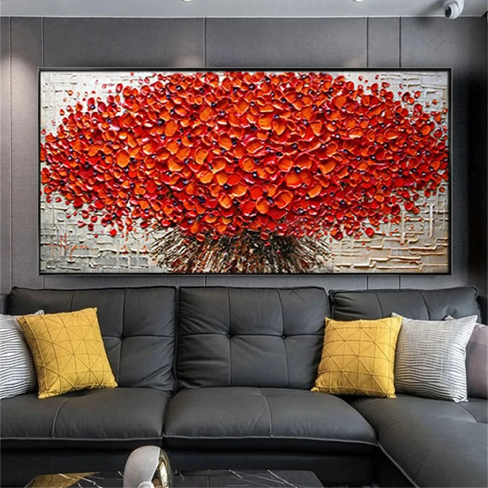 

100% Handmade Oil Painting On Canvas Red Get Rich Tree Scenery Landscape Paintings Wall Art Pictures For Home Decor Sofa Mural