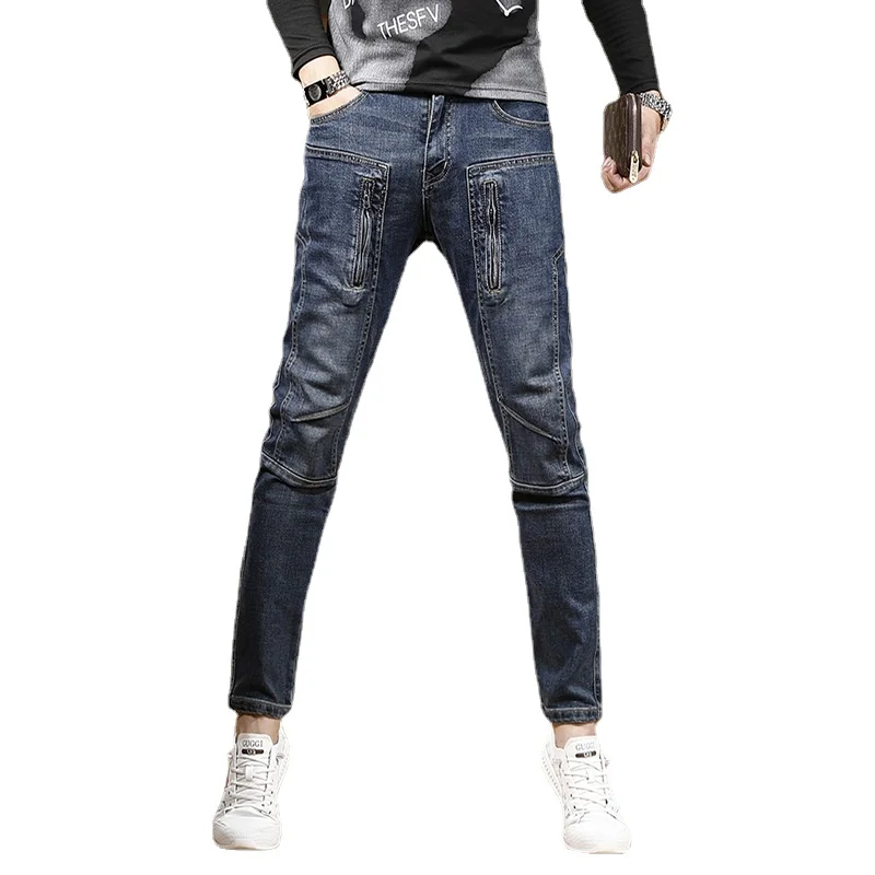 Autumn Blue Patchwork Jeans Men Streetwear Biker Slim Fit Pencil Pants Fashion Casual Zip Pockets Stretch Denim Trousers