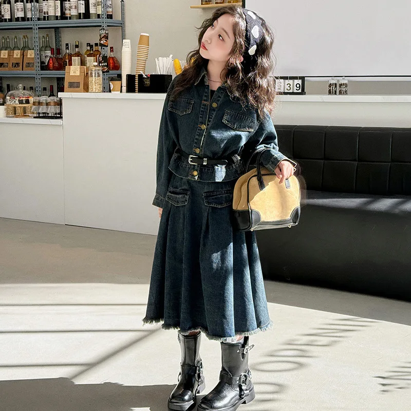 dziewczynie garnitury koreańska spódnica dżinsowa zestaw 2024 wiosna nowe małe dziewczynki koreański temperament dwuczęściowa odzież