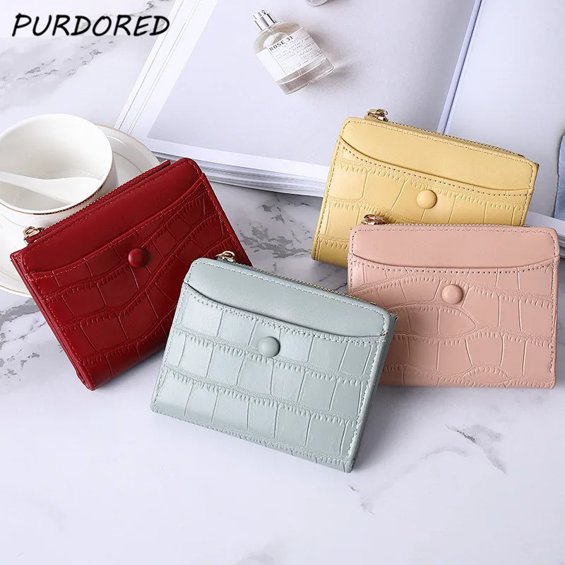 

PURDORED 1 Pc Candy Color Mini Card Holder for Women PU Leather Short Business Card Purse Lady Female Coin Purse Wallet Purse