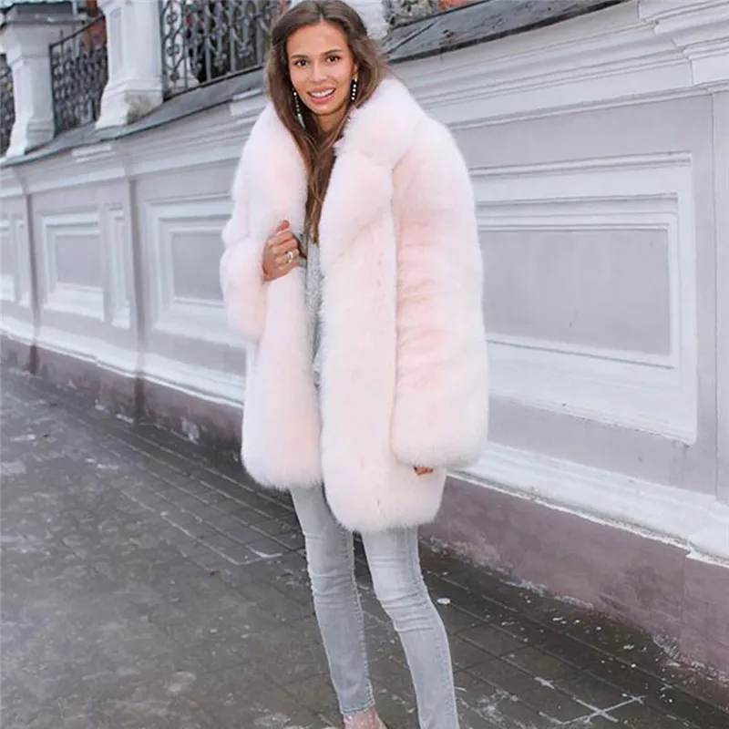 Winter High Quality Real Fox Fur Coat Women 75cm Long Genuine Full Pelt Pink Fox Fur Overcoat With Lapel Collar Warm Outwear