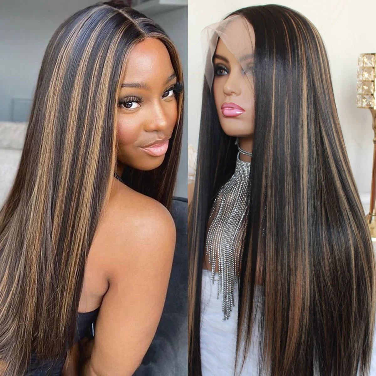 

Highlight Wig Synthetic Honey Blonde Lace Wigs 13X4X1 T Part Lace Wig for Black Women Long Straight Black Ombre Blonde Lace Wig