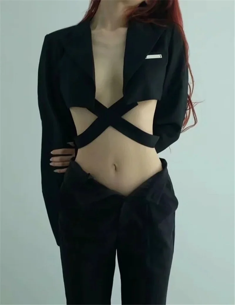 

Пикантный бандажный короткий блейзер для женщин Y2k, однотонный однобортный Повседневный Блейзер, крутой простой Универсальный костюм для д...