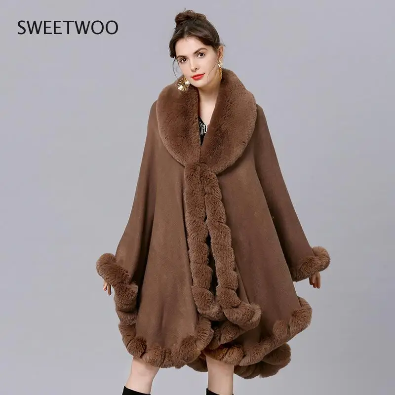 Elegant V Lapel Rex Rabbit Fur Coat Cape Winter Women Big Long Shawl Full Trim Faux Fur Cashmere Cloak Overcoat Parka 2022 New
