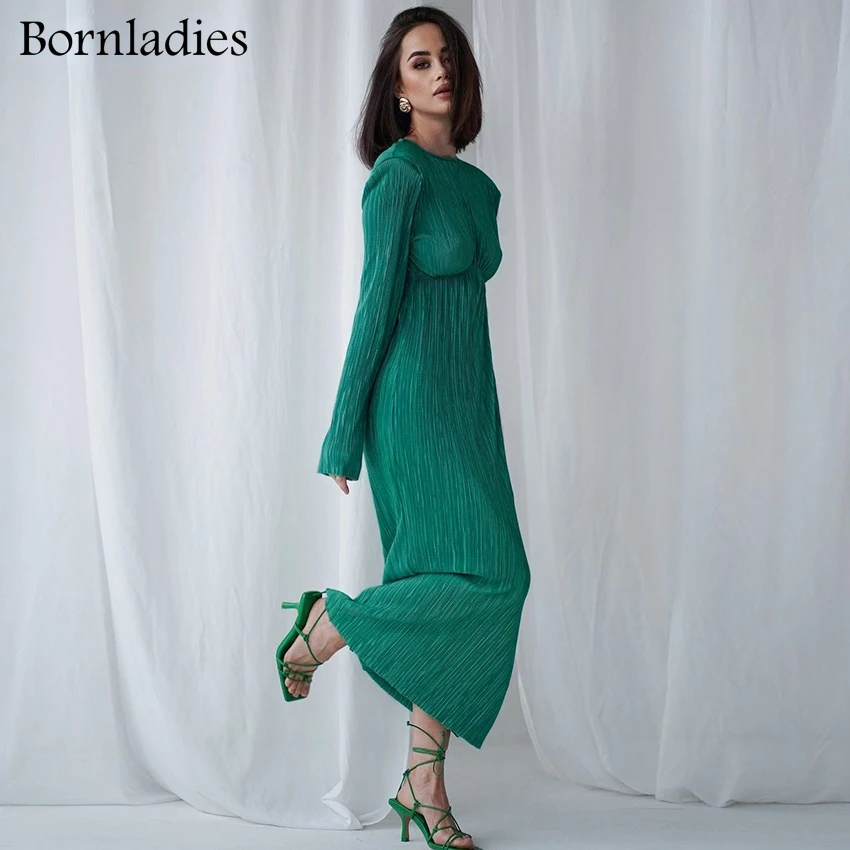 Bornladies зеленое женское длинное платье элегантное вечернее с круглым вырезом и