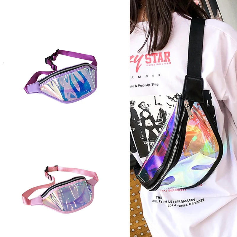 Mini Smell Proof  Hologram Fanny Pack Geometric Waist Bag Girl Ultra Slim Fanny Pack Belt Bag Women With Zipper