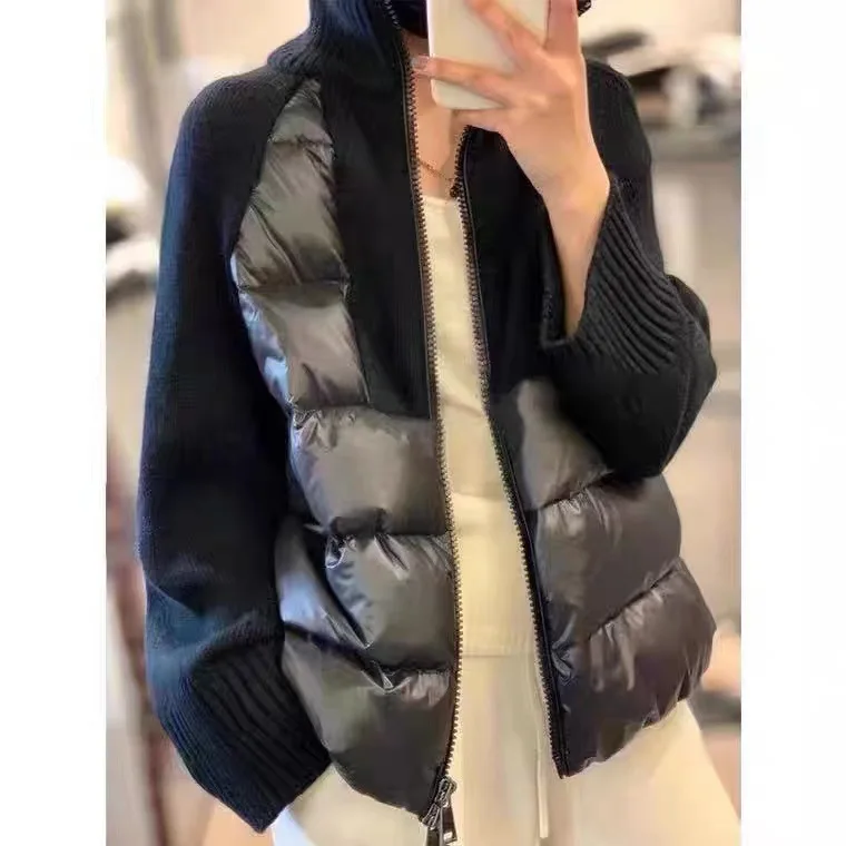 2022 Autumn and Winter New Stitching Cashmere Sweater Short Section Zipper Down Cotton Jacket Female Warm Windproof
