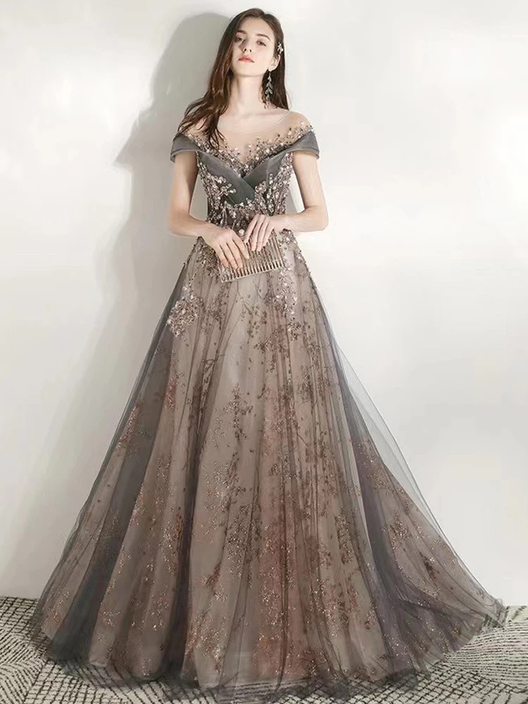 

New Ladies Luxurious Off Shoulder A-Line Beaded Delicate Sequined Tulle Prom Dress Spoon Neck Gray Spray Gold Tulle Formal Dress