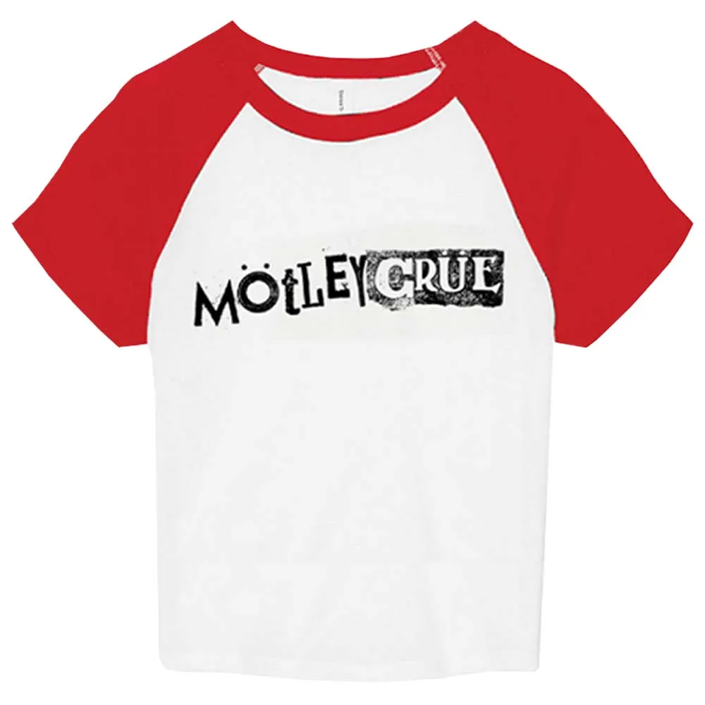 Фото Футболка Höllywood Takeöver Crop Raglan Tee Motley Crue MÖTLEY CRÜE с круглым вырезом, свободного кроя, летняя, унисекс, уличная одежда, с графическим принтом, мерч-топ №2