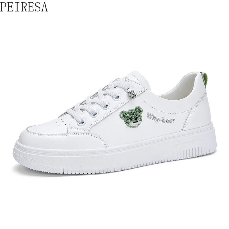 Flat Casual Shoes Leather 2022 Spring and Autumn New Bear Lace Up White Shoes Elastic Women's Shoes