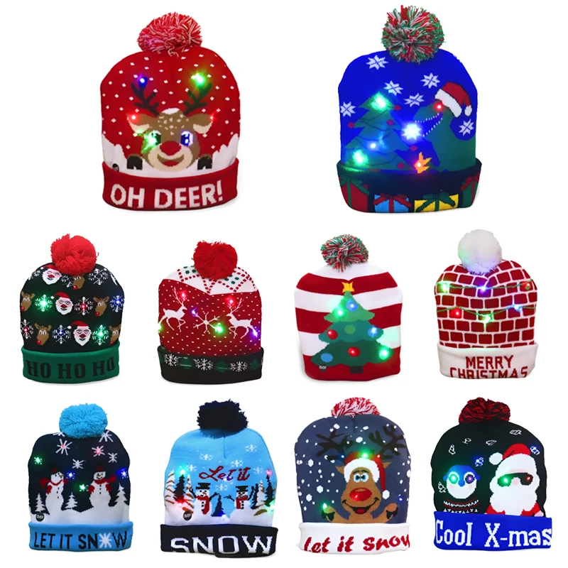 

10pc/set New Year LED Knit Christmas Hats Beanie Light Up Illuminate Warm Hat For Kid Adults New Year Christmas Decoration Cap