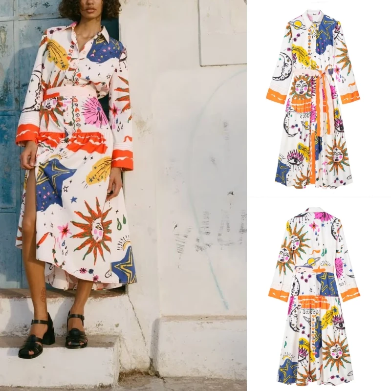 

Женское платье в стиле ретро для отпуска, свободное платье с отложным воротником, длинными рукавами и поясом с принтом, новинка весны и лета