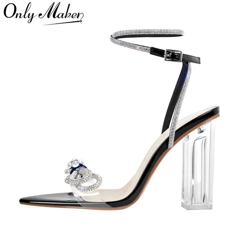 

Onlymaker Women's Lucite Clear Ankle Strap Rhinestone Bow Clear Chunky Heel Perspex High Heel Transparent Sandals