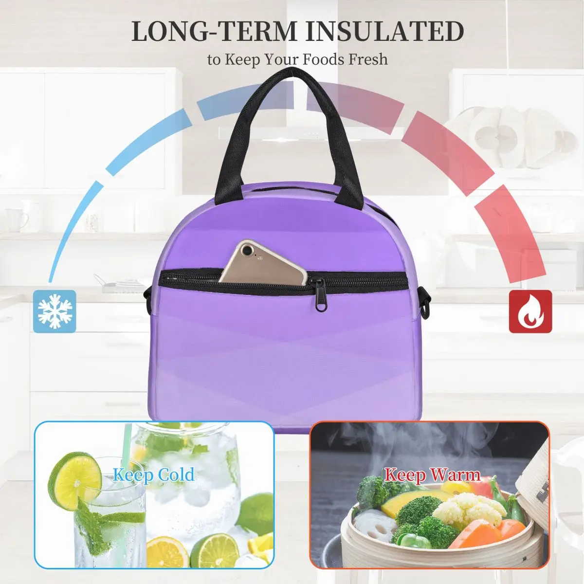 

Ombre Polygonal Lunch Bag with Handle Gradient Purple Meal Cooler Bag Elegant Cooling Beach Thermal Bag