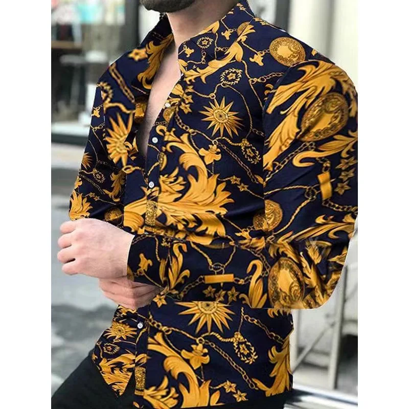 

New Boyfriend Shirt Long Sleeve Slim Fit Button Polo Top 2023 Autumn Fashion 3D Drifting Sand Print Noble Prom Party Shirt S-6XL