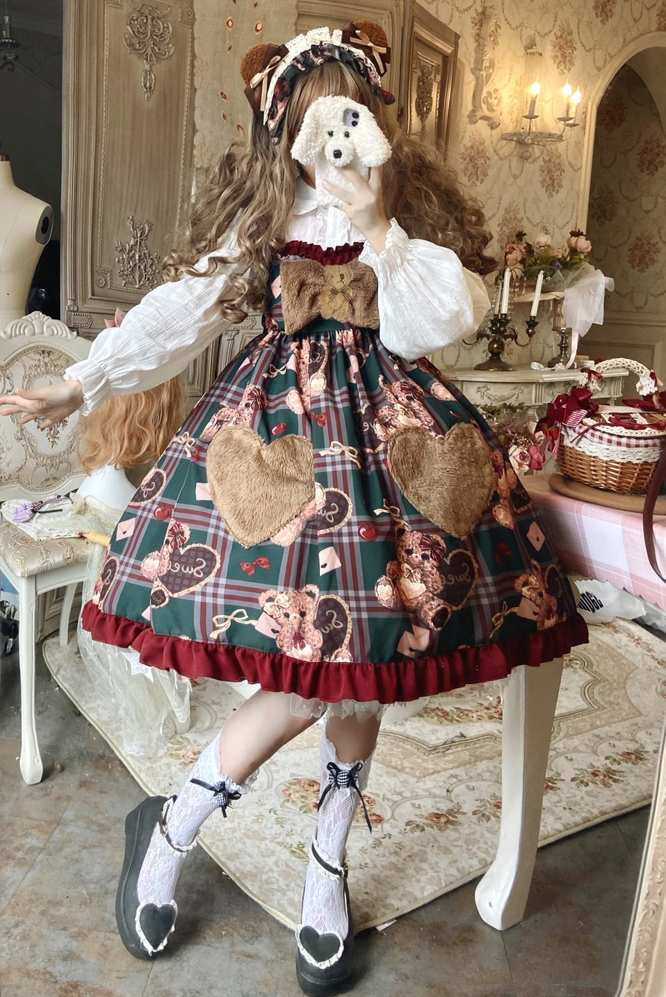 

Christmas Bear Original Design Cute Women's Dress Fluffy Bow Pocket Long Sleeve Sleeveless Suspender Dress Lolita JSK Girl