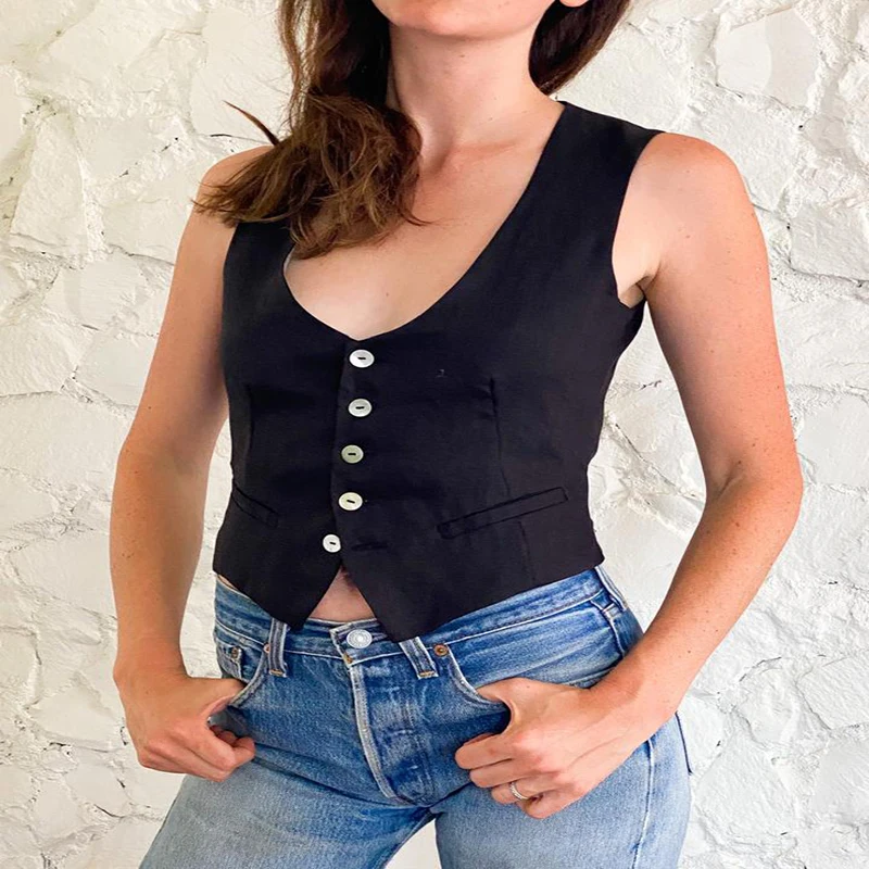 

Women's Tank Top Short Ladies Sleeveless Jacket Single Breasted Fashion Casual Office Black Coats Vhaleco