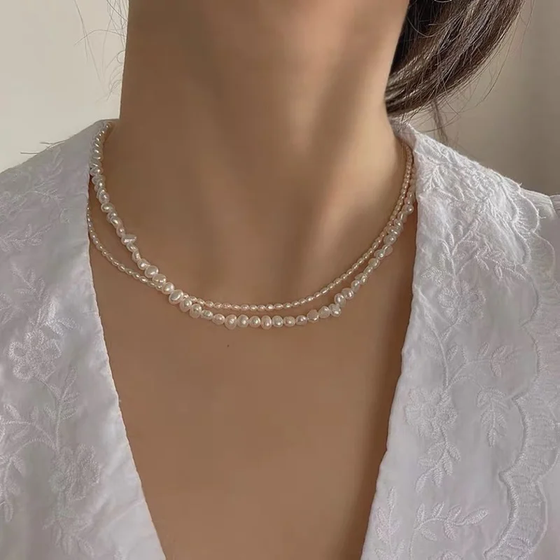 

ALLNEWME Elegant Natural Freshwater Pearl Beaded Necklace Handmade Baroque Pearls Strand Chokers Necklaces for Women Pendientes