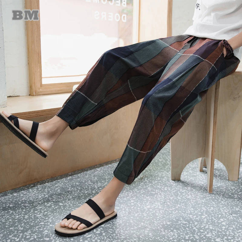 2022 Spring Summer Fashion Plus Size Linen Pants Chinese Style Thin Loose Oversized Plaid Cropped Pants Men Clothing Joggers