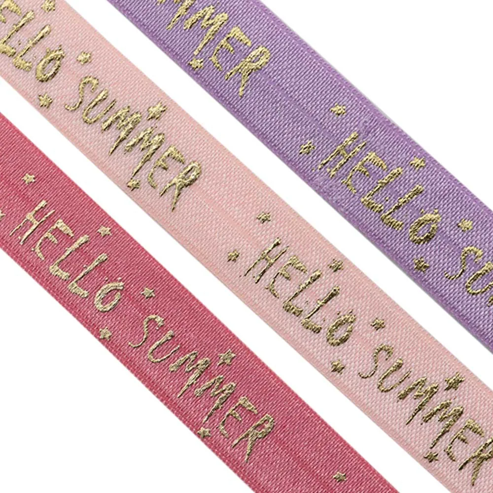

5/8" 15MM Gold Foil Hello Summer Printed Fold Over Elastic FOE Ribbon For Hair Tie Headwear Summer Hair Accessories