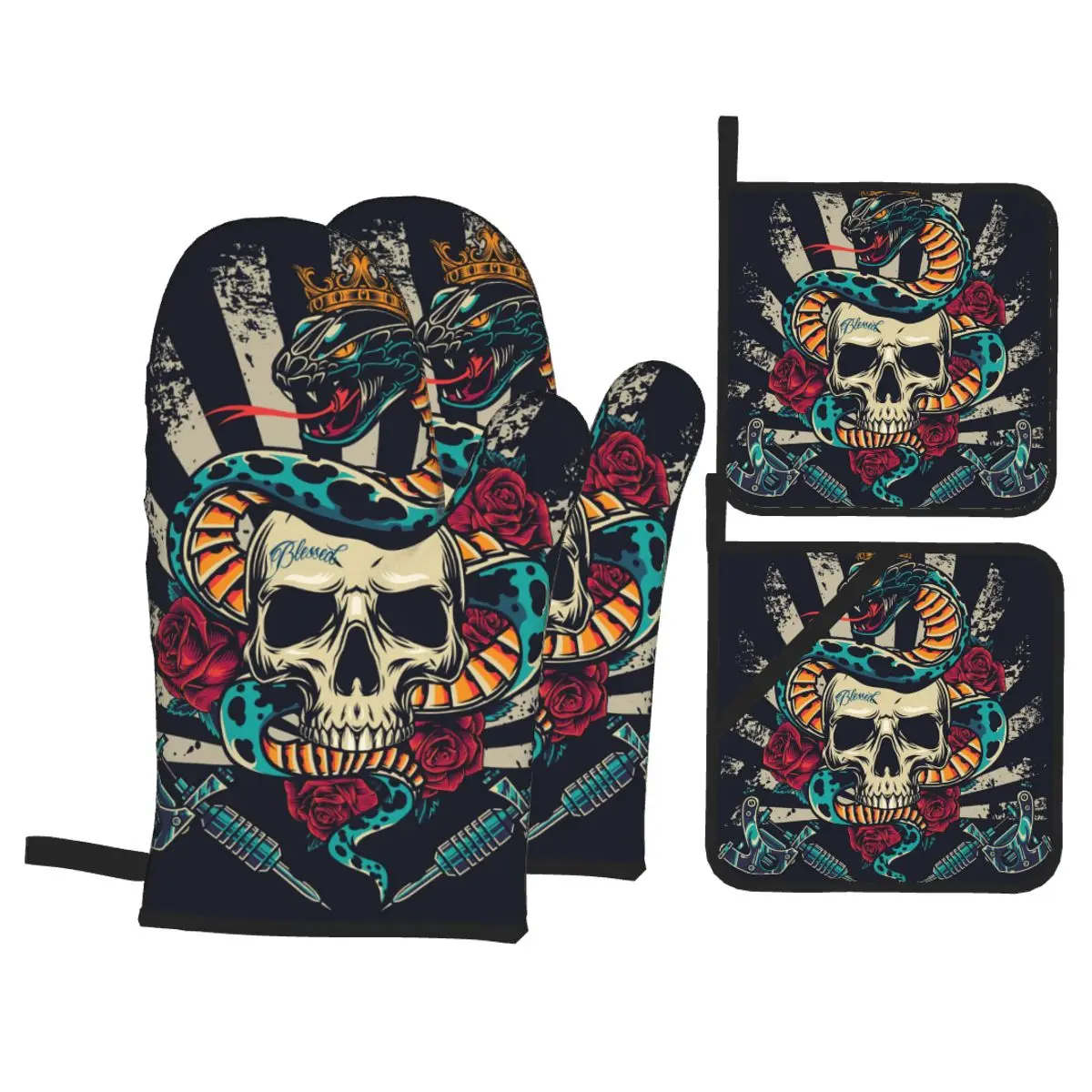 

4 Pieces Oven Gloves Mitts Vintage Colorful Skull Kitchen Gloves Tray Dish Bowl Holder Baking Insulation Hand Clip