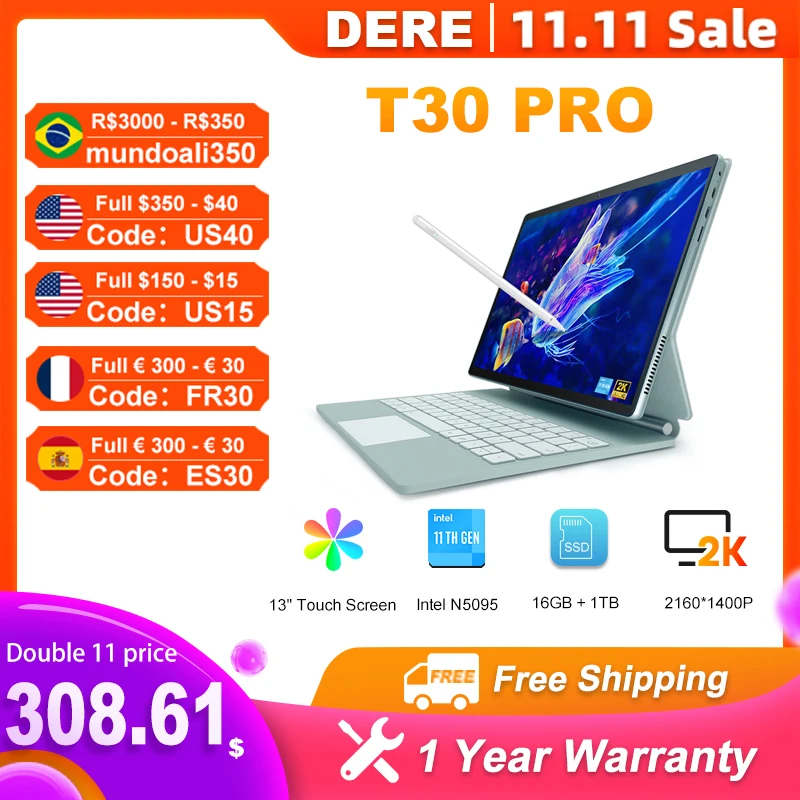 Ноутбук DERE T30 PRO, 13 дюймов, 2K IPS сенсорный экран 144 Гц, 16 ГБ ОЗУ + 1 ТБ SSD, офисный Обучающий компьютер, ультрабук Windows 11, ноутбук - Апрельский топ товаров с Али