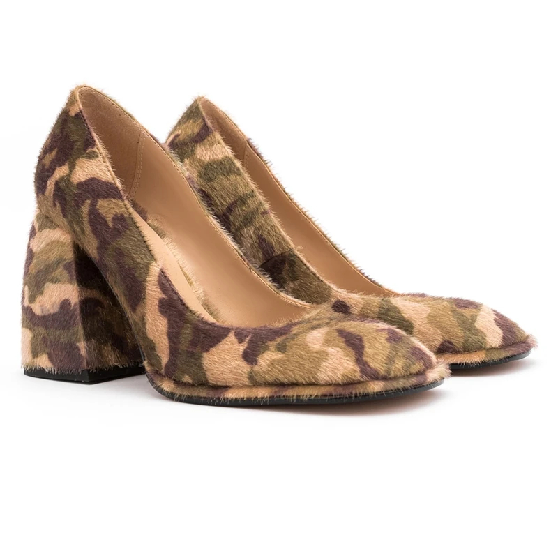 

ASILETO Women Pumps Brand New Sexy Chunky High Heels Square Toe Imitation Horse Hair Fashion Slip on Cool Comfortable Big Size