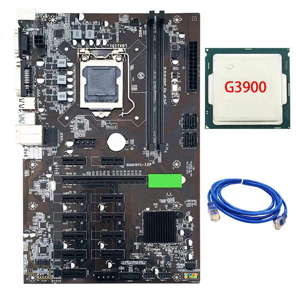 Материнская плата B250C для майнинга BTC LGA1151 с сетевым кабелем RJ45 + процессор G3900 LGA 1151 SATA 3,0 USB 3,0 для майнинга биткоинов BTC