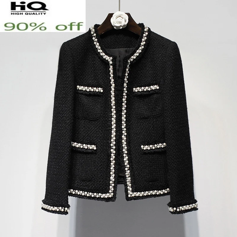 

tweed Black women spring autumn / winter woolen coat new Wool handmade beads classic jacket Ladies