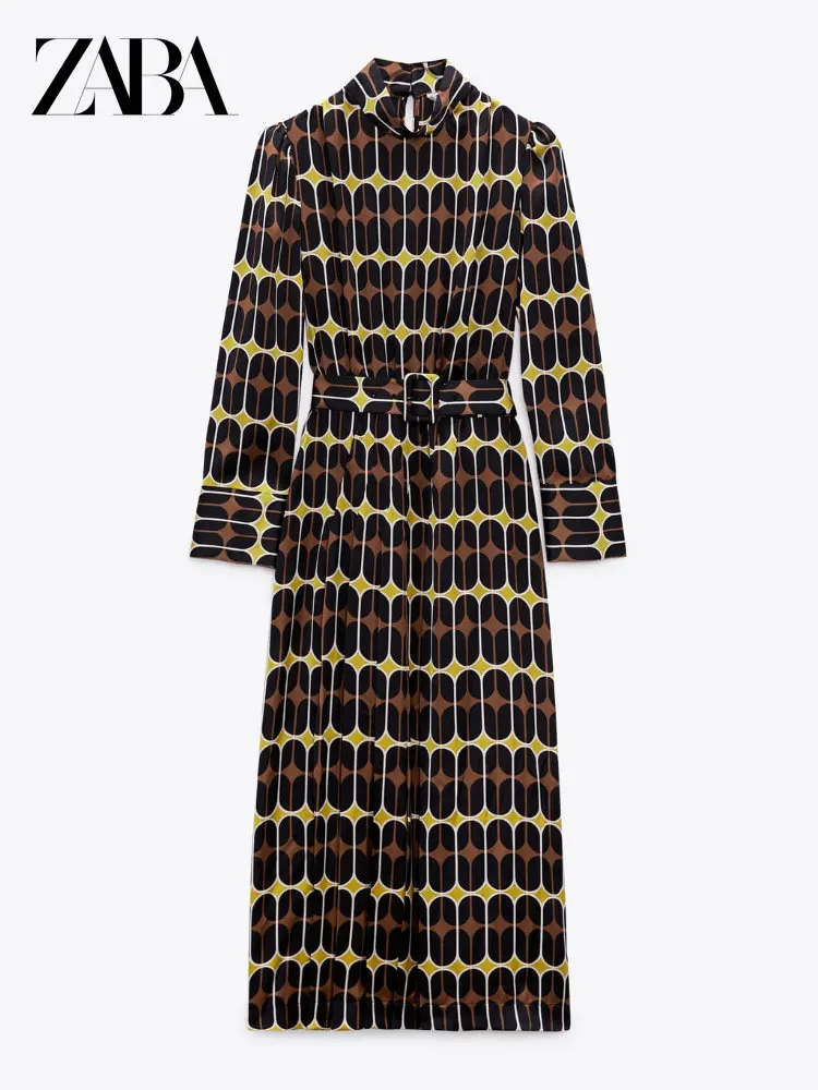 

ZABA Autumn and Winter ZA Women's New Stand-up Collar Long-sleeved Side Slit Inside Long Skirt Belt Decorative Print Midi Dress