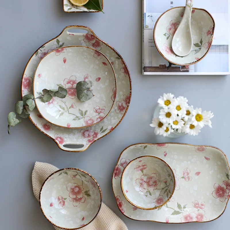 

Керамическая посуда в японском стиле с цветком вишни, тарелка для риса, обеденная тарелка, маленький суп, большая миска для супа, миска для л...