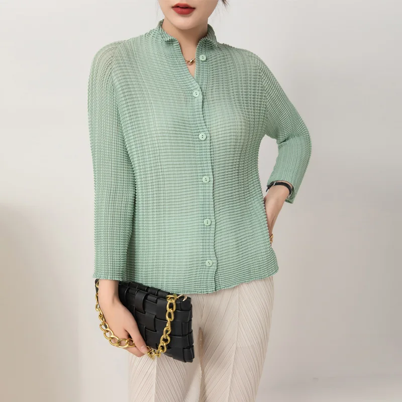 Spring new women's fashion pleated tops all-match temperament long-sleeved single-breasted niche stretch shirts