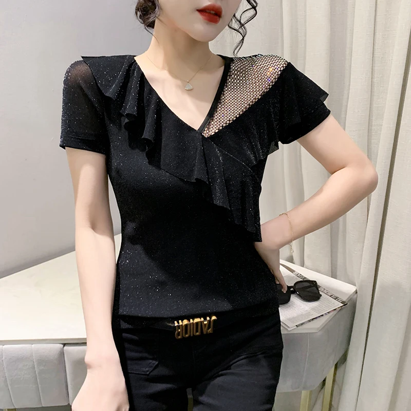 

2023 New Summer Korean Style Mesh T-Shirt Chic Sexy V-Neck Patchwork Ruffles Diamonds Women Short Sleeve Tops Casual Tees 32466
