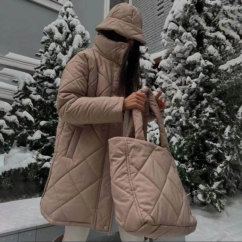 Ardm Casual High Collar With Rhombus Pattern Coat Long Sleeve Top Winter Jacket Women 2022 Parkas Straight Down Cotton Outwear