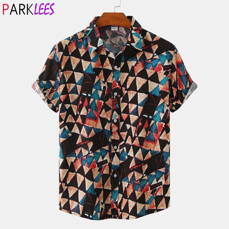 

Stylish Triangle Print Mens Hawaiian Shirt Summer Short Sleeve Button Down Beach Aloha Shirts Casual Party Vacation Clothing 3XL