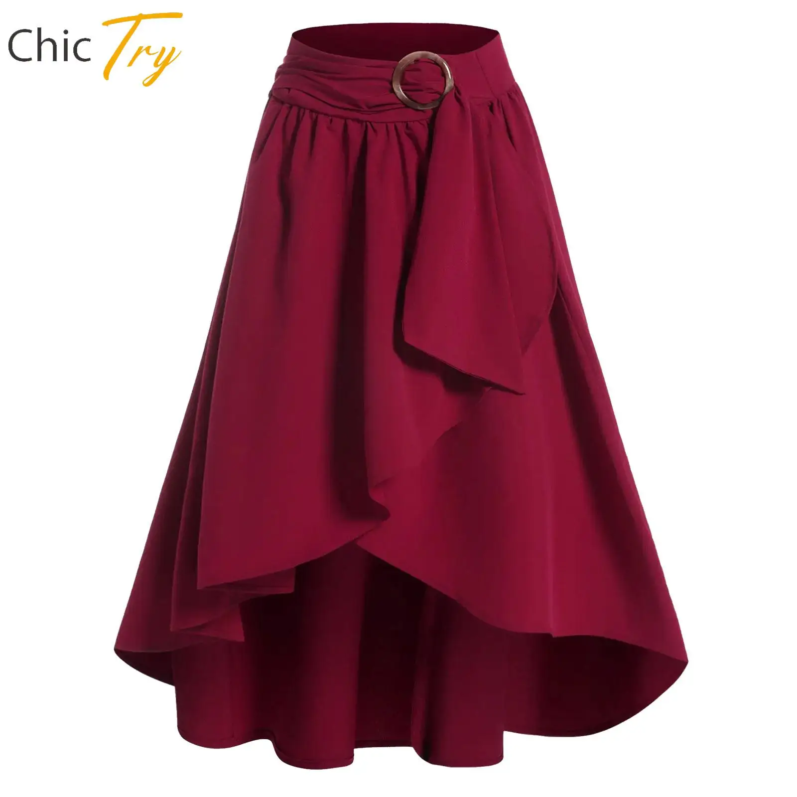 

Womens Versatile Asymmetrical Midi Skirt Decorative Waist Buckle Ruffle Wrap Hem High-Low Skirt for Office Work Leisure Time