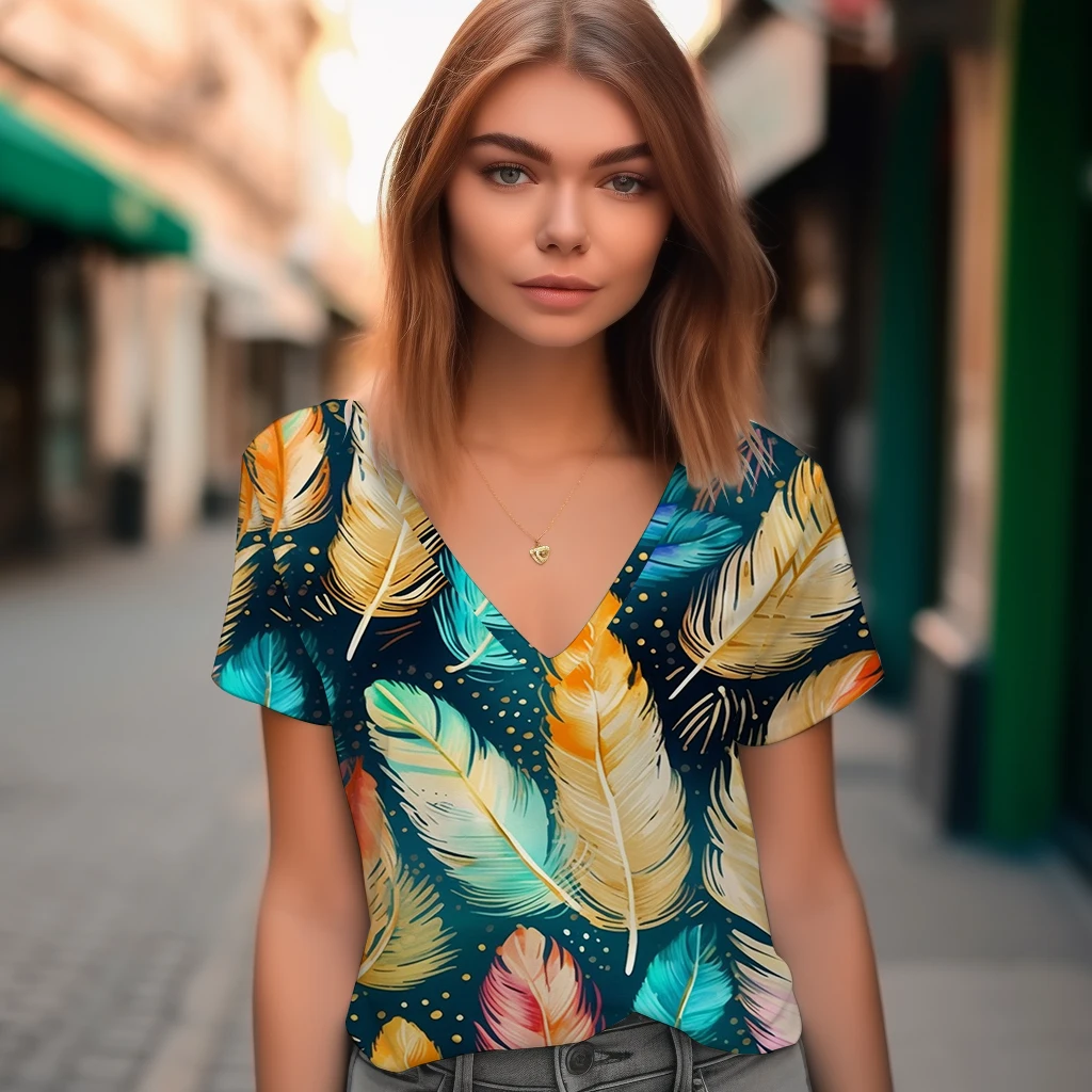 

Colorful Feather 3D Printing T-shirt Women's Street Fashion T-shirt Basic V-neck T-shirt Summer Hot Selling Loose Casual T-shirt