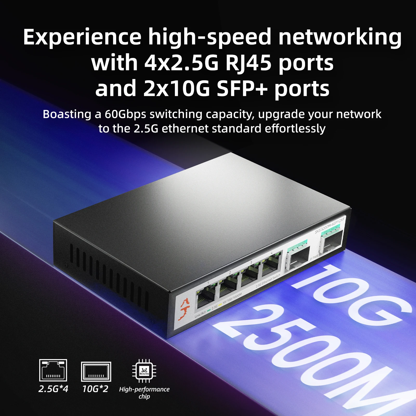 XikeStor 2 5GbE Простая управляемая L2 4 порта RJ45 2500 Мбит/с Веб-управляемая Ethernet-сеть 10G SFP+