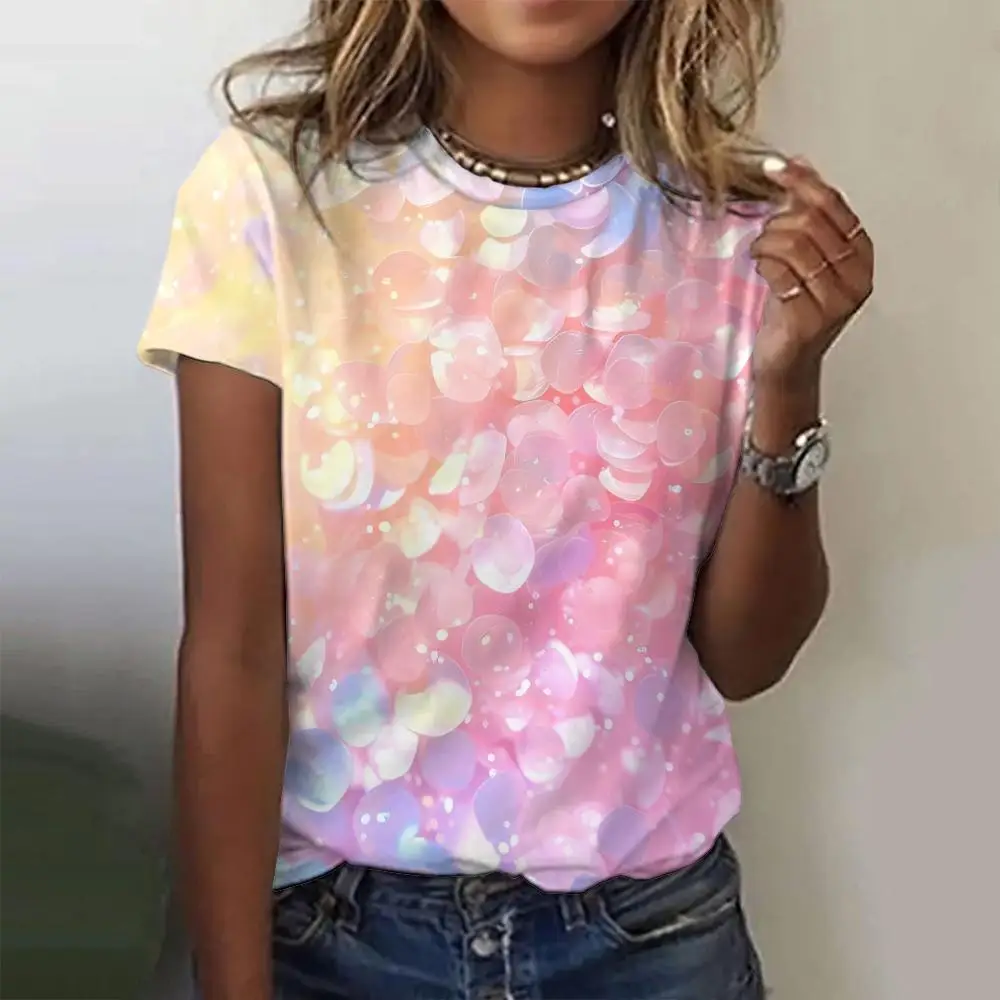 Летние модные женские футболки с цветным хрустальным принтом и короткими