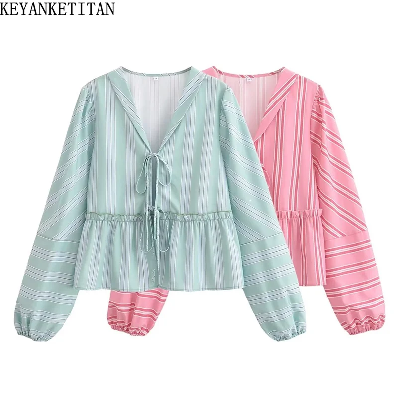 Новинка 2024 женская блузка KEYANKETIAN со шнуровкой и оборками в несколько рядов с