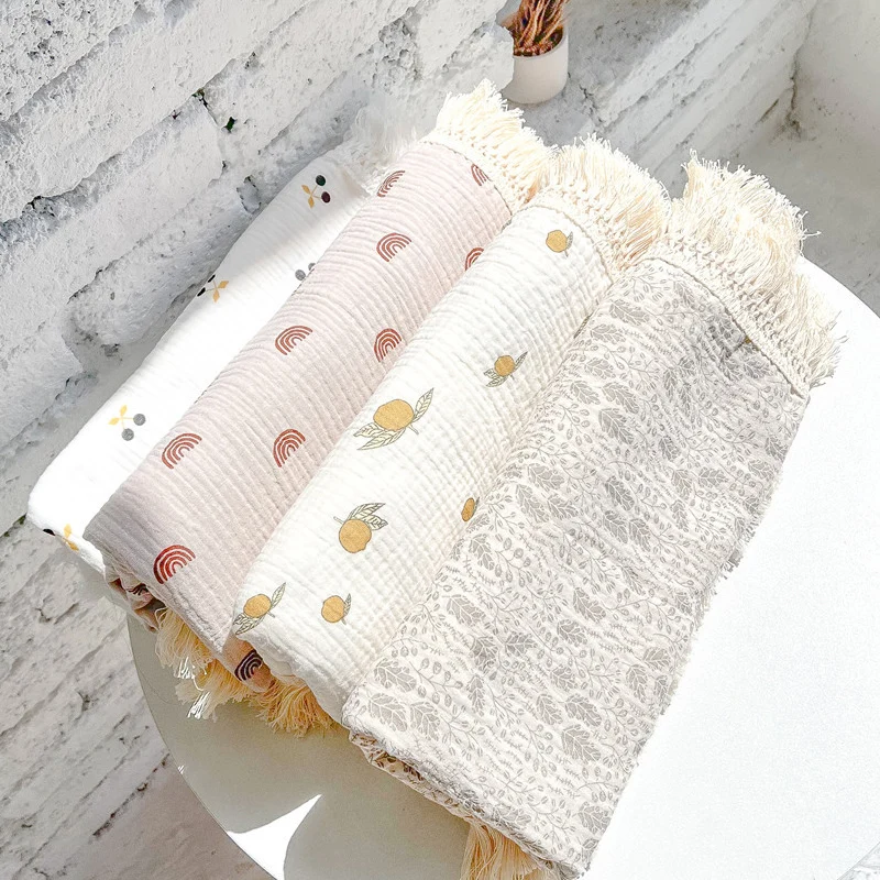 

Baby Muslin Swaddle Blankets Infant Bedding Quilt Stroller Cover Babies Cotton Printed Tassel Blanket Newborn Wrapping Towel